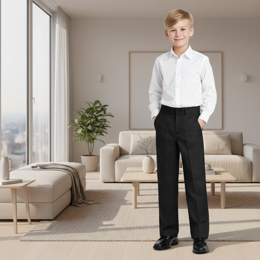 Johnnie Lene Boys Dress Pants Formal Flat Front Straight Fit Tailored Dress Slacks (Navy)