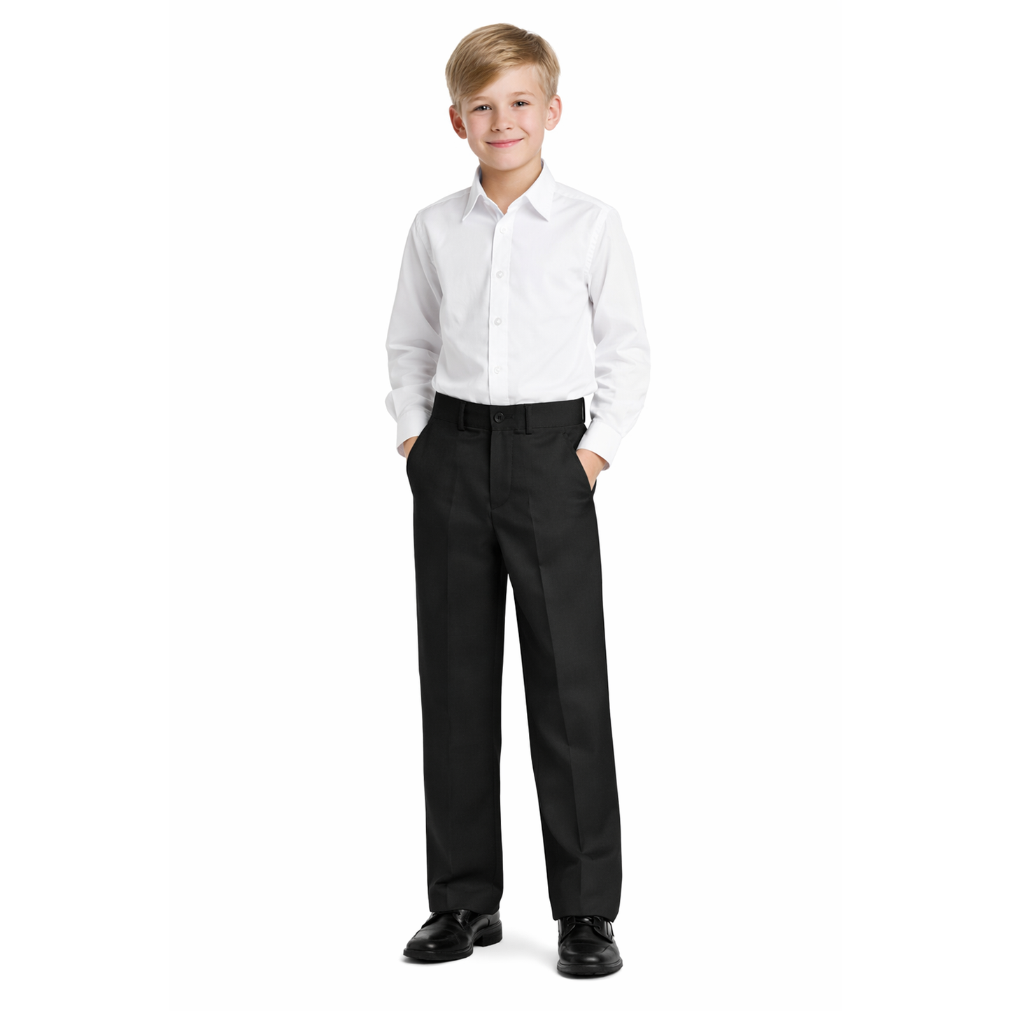 Johnnie Lene boys flat front dress pants modeled in Black