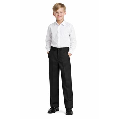 Johnnie Lene boys flat front dress pants modeled in Black