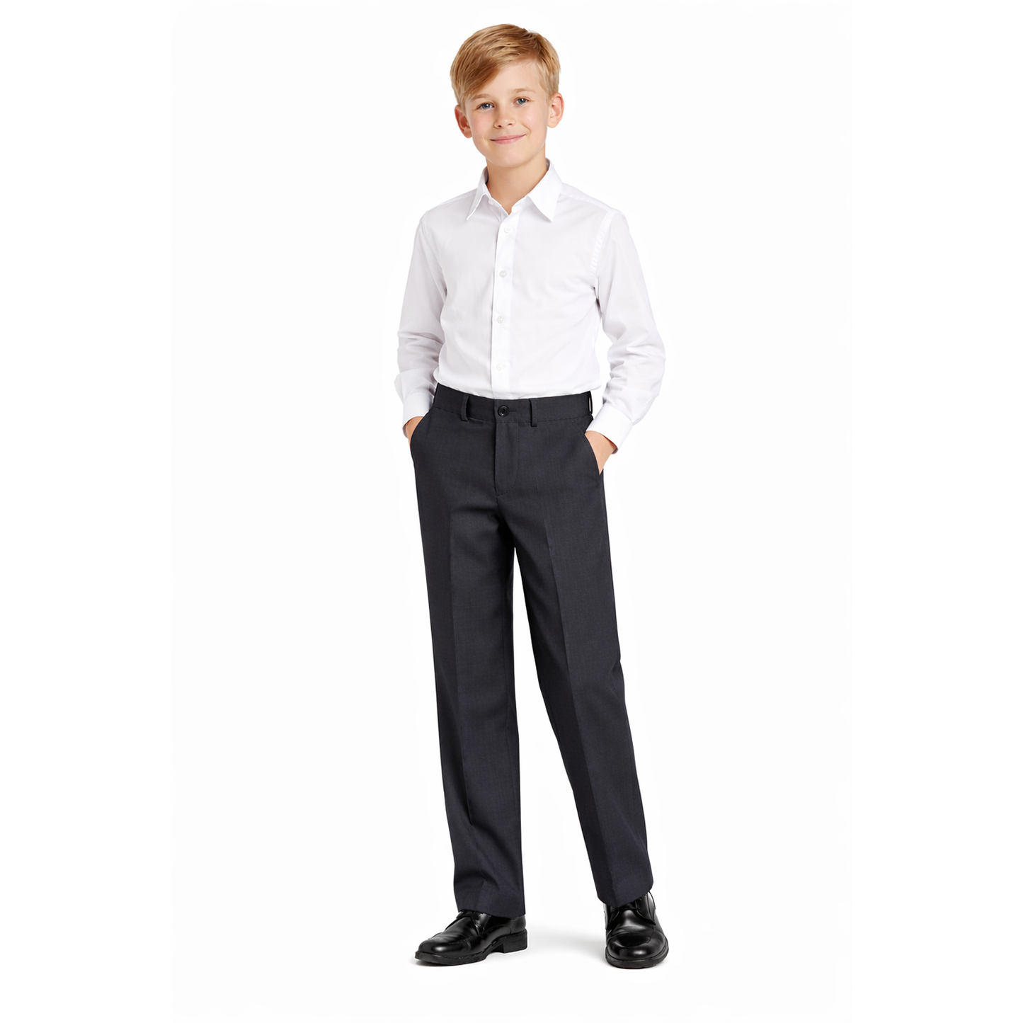 Johnnie Lene boys flat front dress pants modeled in Charcoal