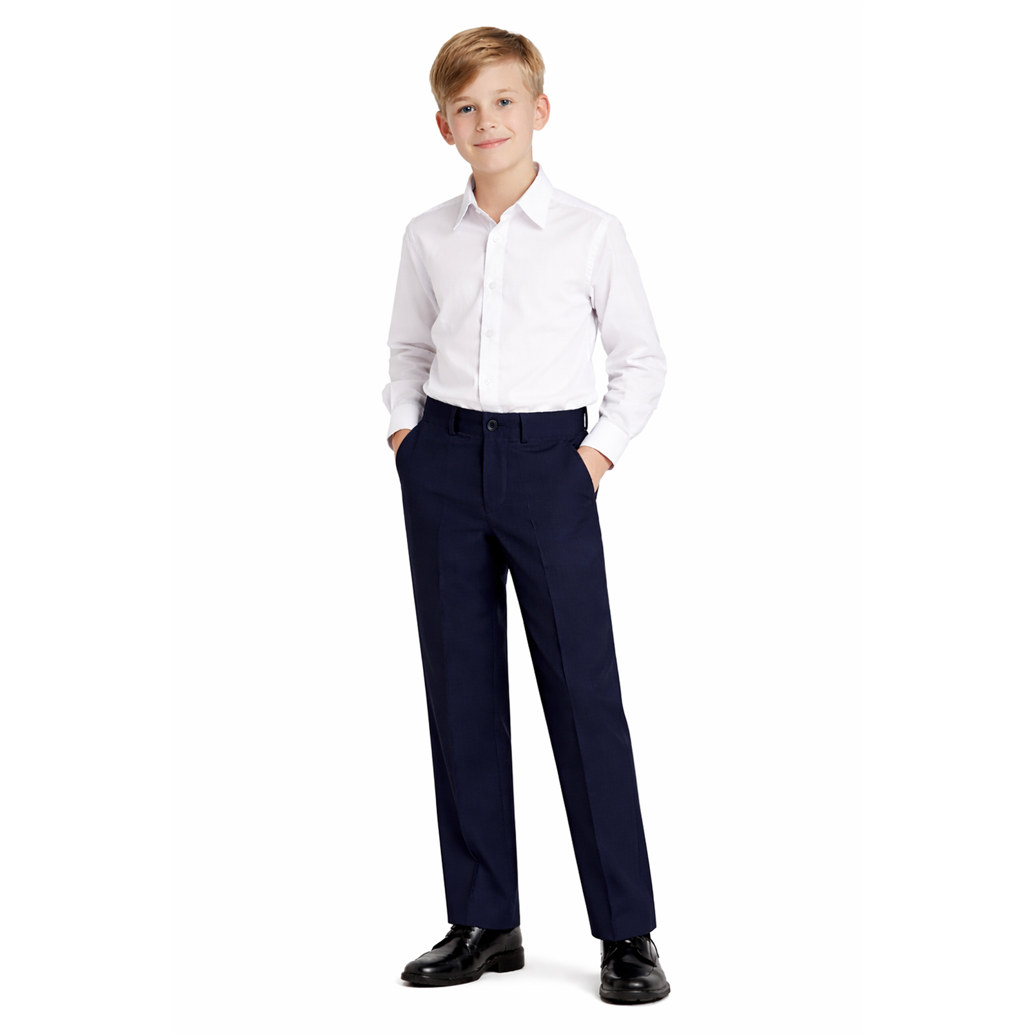 Johnnie Lene boys flat front dress pants modeled in Navy