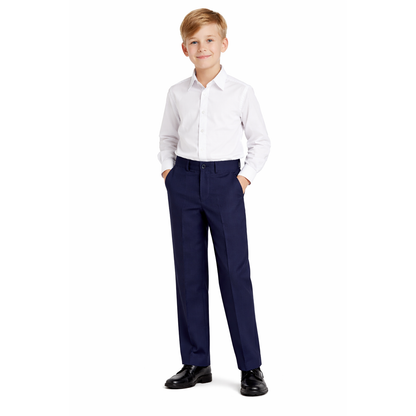 Johnnie Lene boys flat front dress pants modeled in Royal Blue