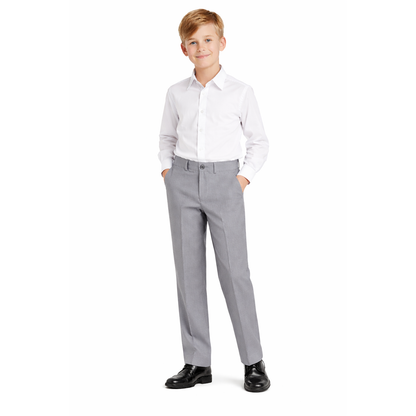 Johnnie Lene boys flat front dress pants modeled in Silver