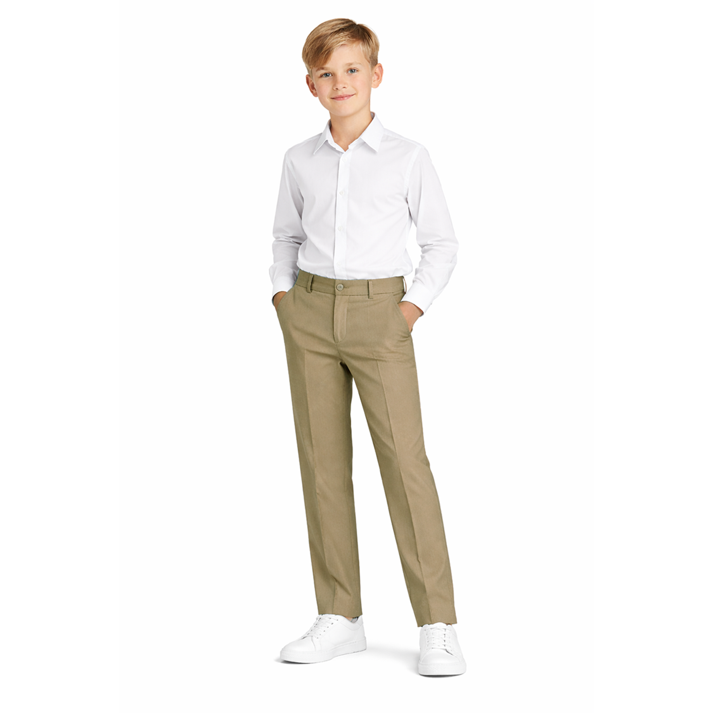 Johnnie Lene boys flat front dress pants modeled in Taupe