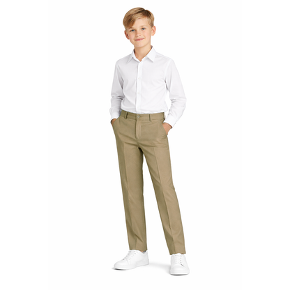 Johnnie Lene boys flat front dress pants modeled in Taupe