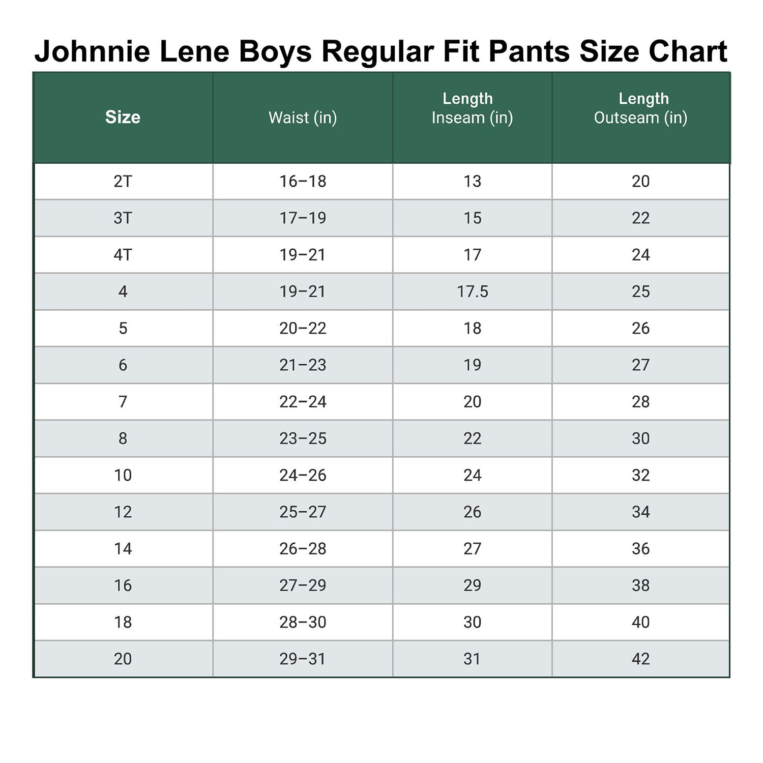 Johnnie Lene boys dress pants size chart