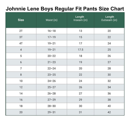 Johnnie Lene boys dress pants size chart
