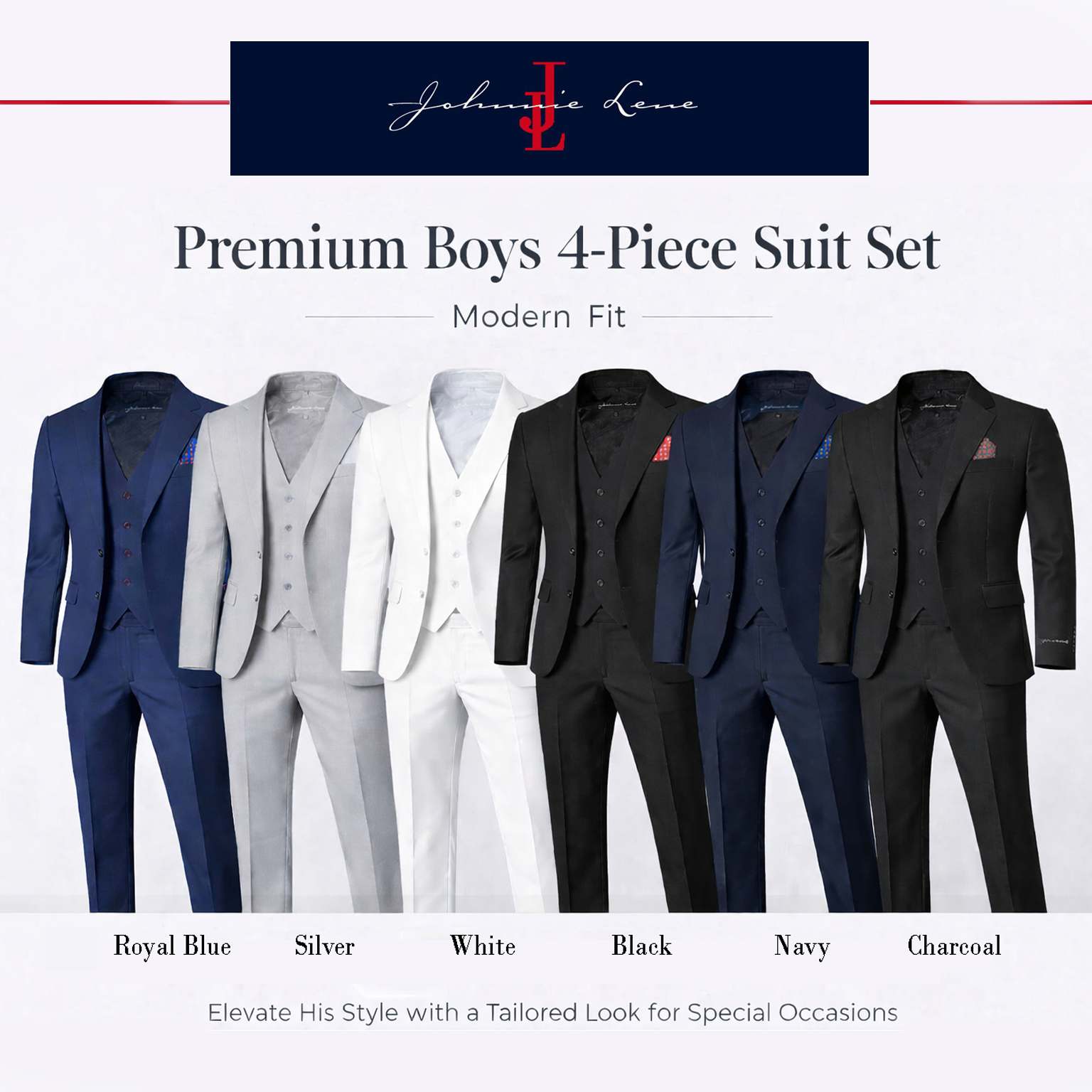 Johnnie Lene Boys 4-Piece Suit Set – Slim Fit Formal Outfit with Vest & Tie