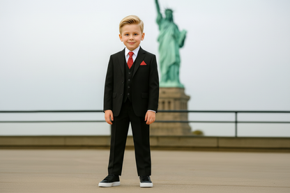 Johnnie Lene Boys 4-Piece Suit Set – Slim Fit Formal Outfit with Vest & Tie - Black