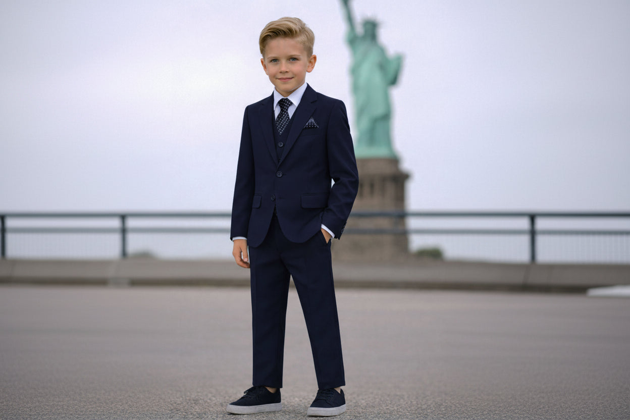 Johnnie Lene Boys 4-Piece Suit Set – Slim Fit Formal Outfit with Vest & Tie - Navy