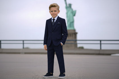 Johnnie Lene Boys 4-Piece Suit Set – Slim Fit Formal Outfit with Vest & Tie - Navy
