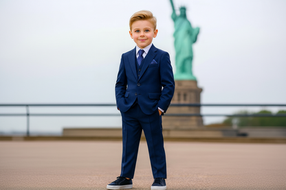 Johnnie Lene Boys 4-Piece Suit Set – Slim Fit Formal Outfit with Vest & Tie - Royal