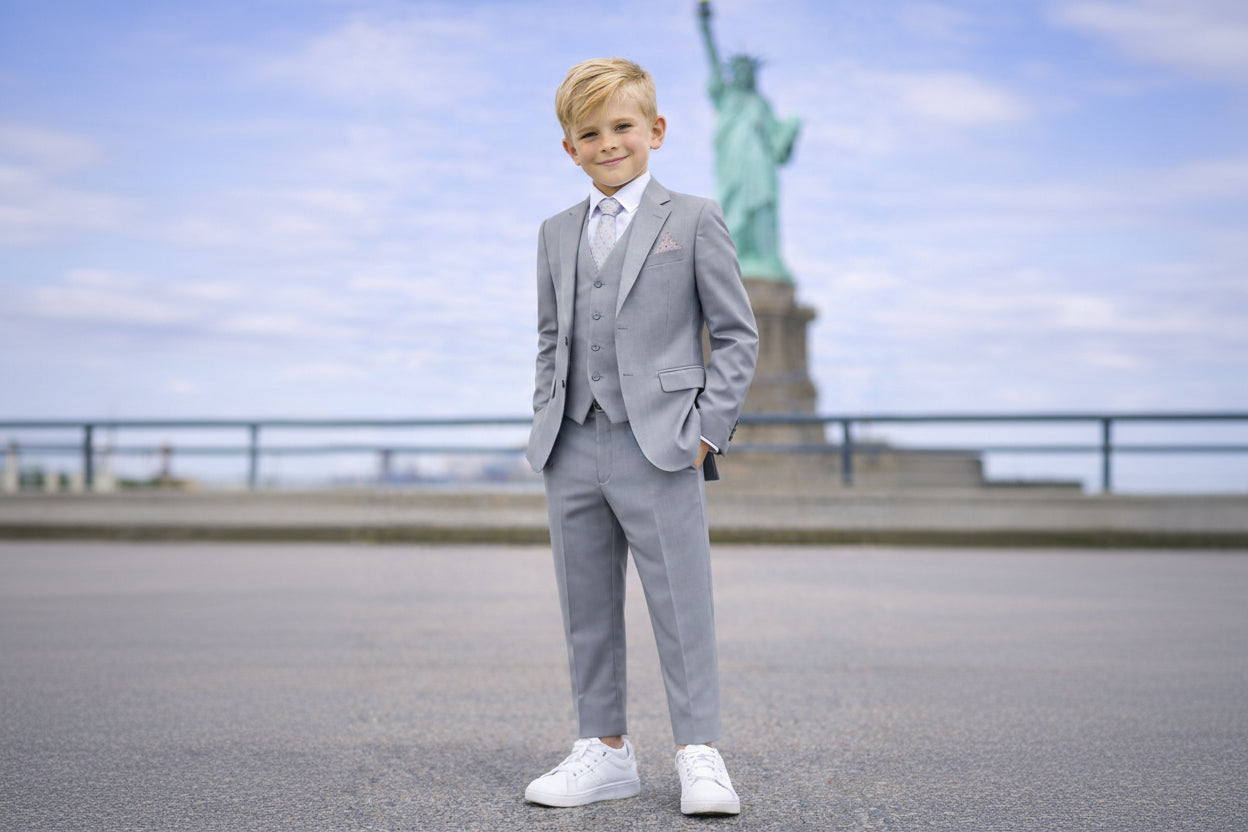 Johnnie Lene Boys 4-Piece Suit Set – Slim Fit Formal Outfit with Vest & Tie - Silver