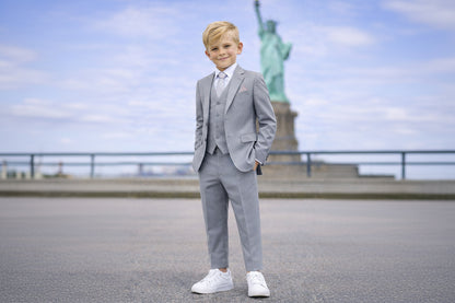 Johnnie Lene Boys 4-Piece Suit Set – Slim Fit Formal Outfit with Vest & Tie - Silver