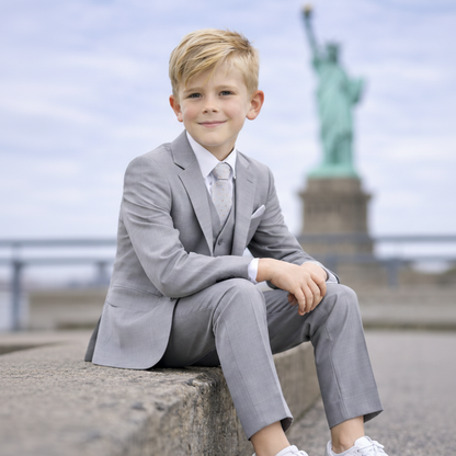 Johnnie Lene Boys 4-Piece Suit Set – Slim Fit Formal Outfit with Vest & Tie - Silver