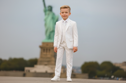 Johnnie Lene Boys 4-Piece Suit Set – Slim Fit Formal Outfit with Vest & Tie - White