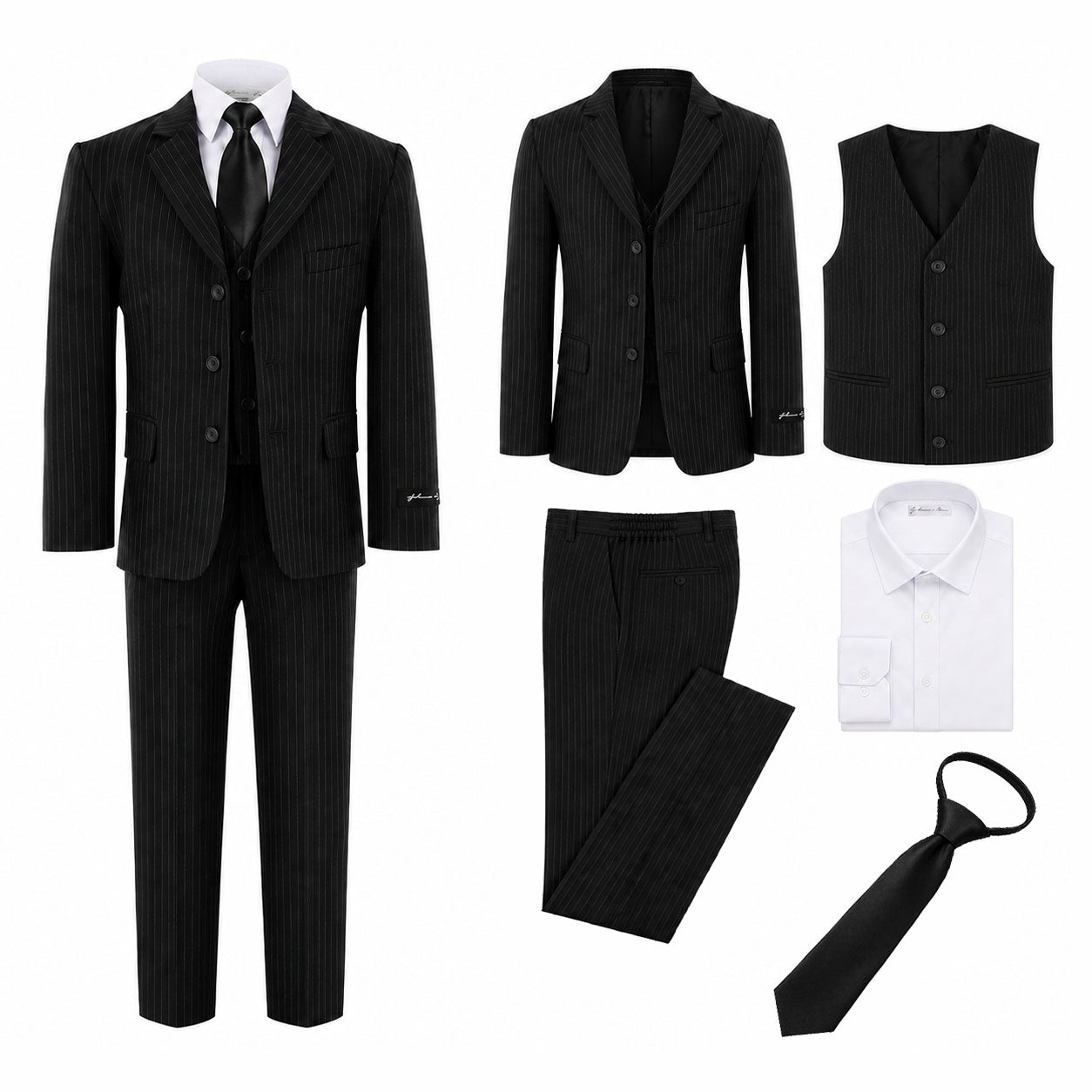 Johnnie Lene Boys Formal Dress Suit Set, Traditional Fit Infant to Teen - Pinstripe Black