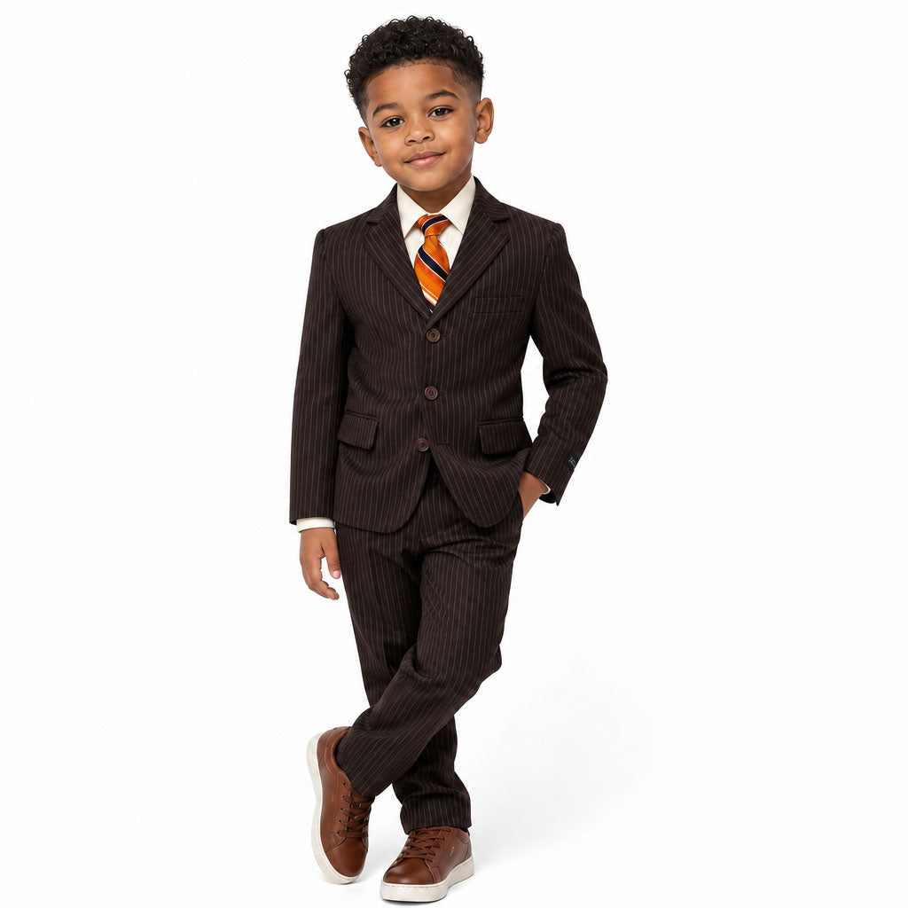 Johnnie Lene Boys Formal Dress Suit Set, Traditional Fit Infant to Teen - Pinstripe Brown