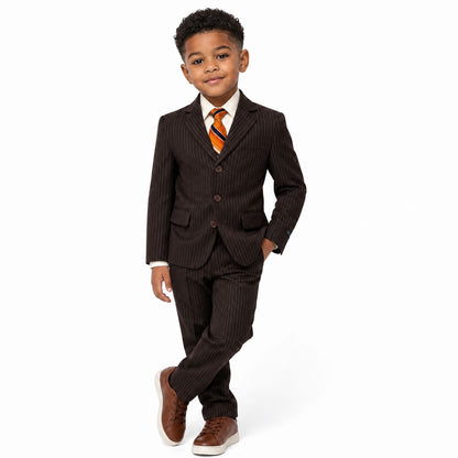 Johnnie Lene Boys Formal Dress Suit Set, Traditional Fit Infant to Teen - Pinstripe Brown