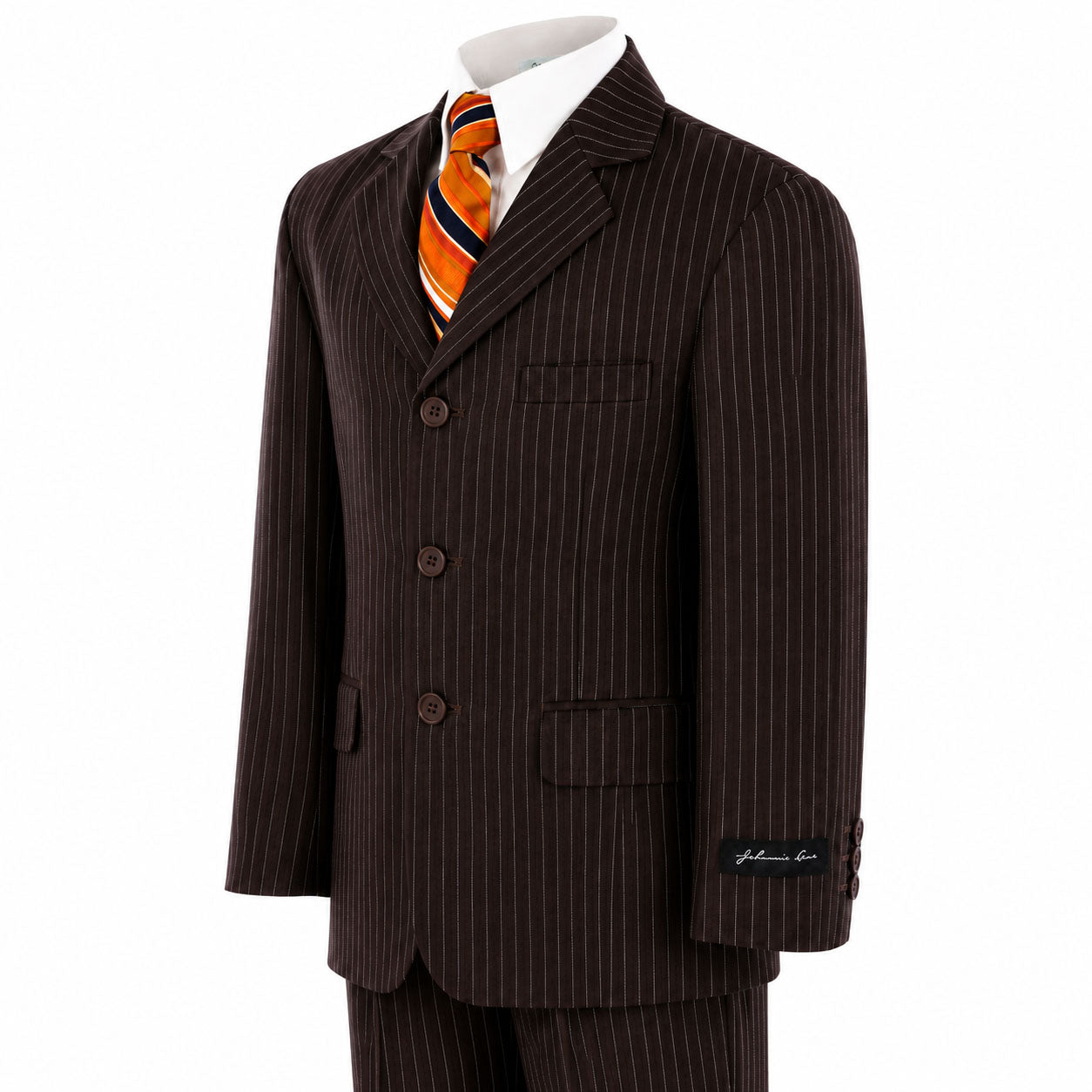 Johnnie Lene Boys Formal Dress Suit Set, Traditional Fit Infant to Teen - Pinstripe Brown