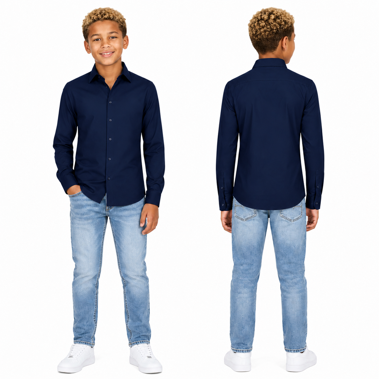 Johnnie Lene Boys Slim Fit Long Sleeve Sateen Dress Shirt - Navy