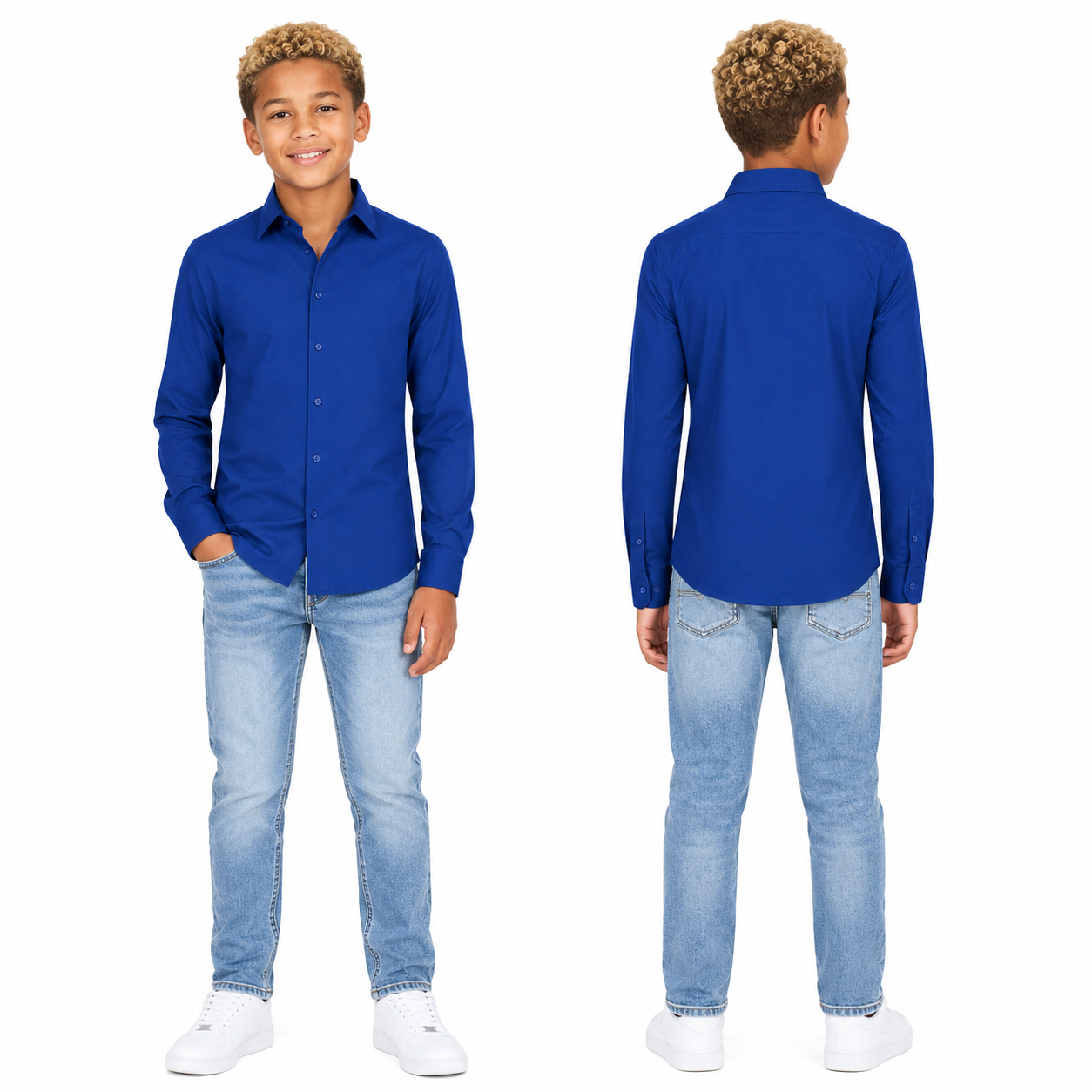 Johnnie Lene Boys Slim Fit Long Sleeve Sateen Dress Shirt - Royal Blue