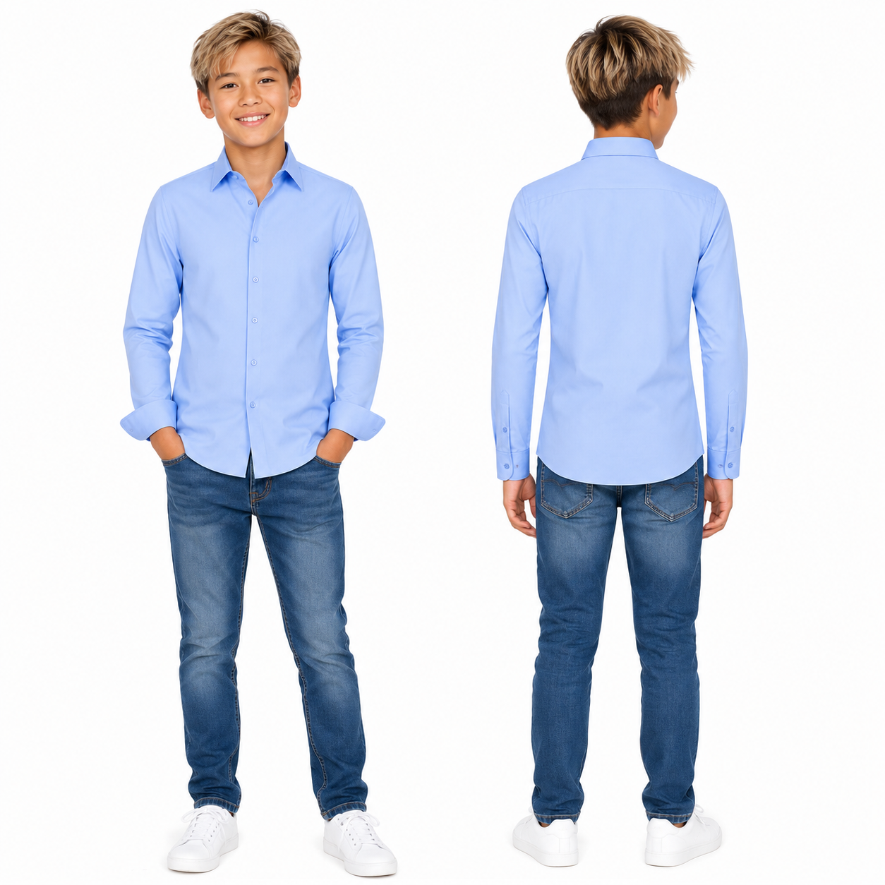 Johnnie Lene Boys Slim Fit Long Sleeve Sateen Dress Shirt - Sky Blue