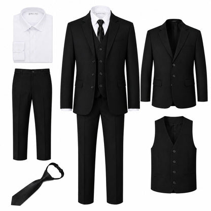 Johnnie Lene Boy's Suit Set: Blazer Vest Pants Shirt Tie Infants to Teen - Black Husky