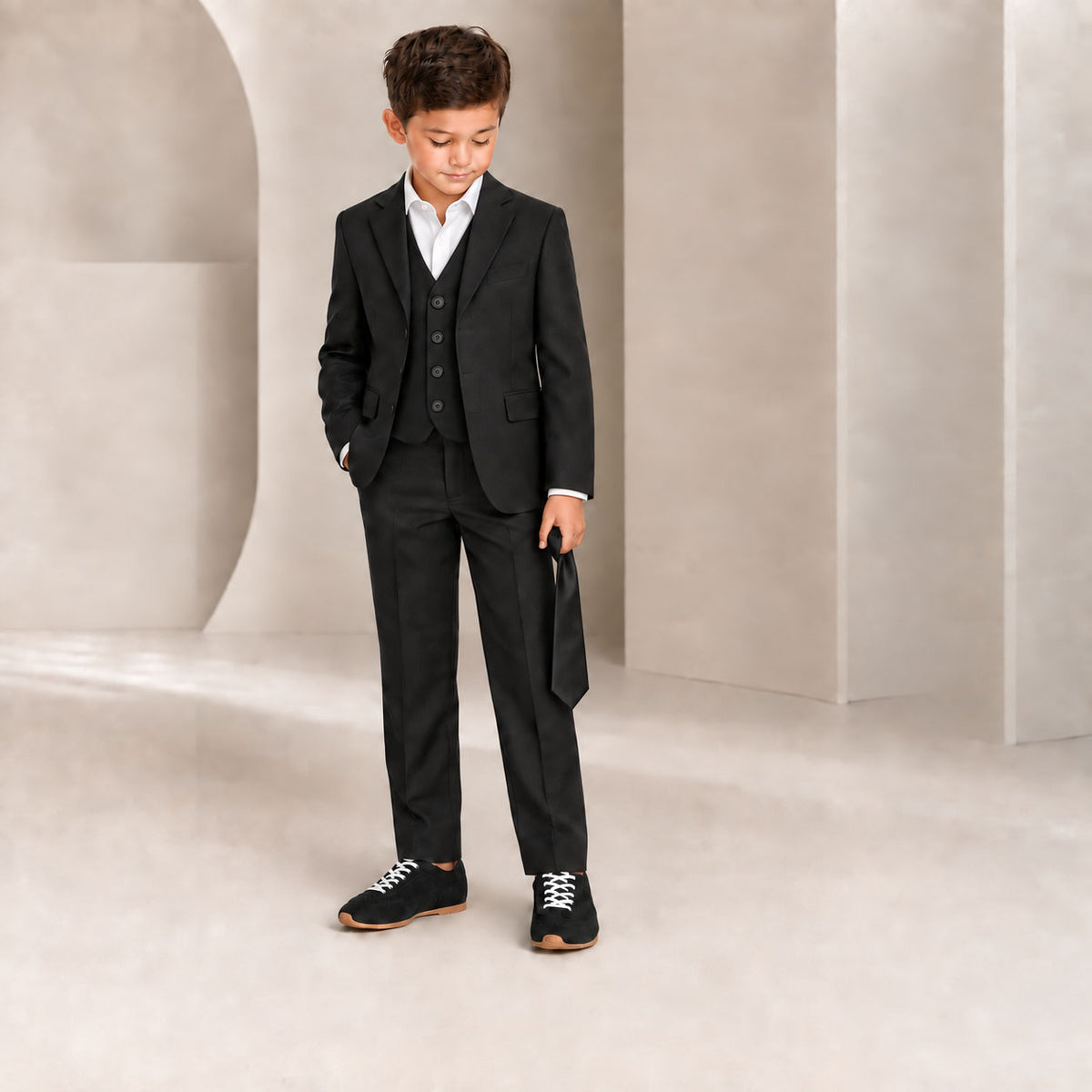 Johnnie Lene Boy's Suit Set: Blazer Vest Pants Shirt Tie Infants to Teen - Black Husky
