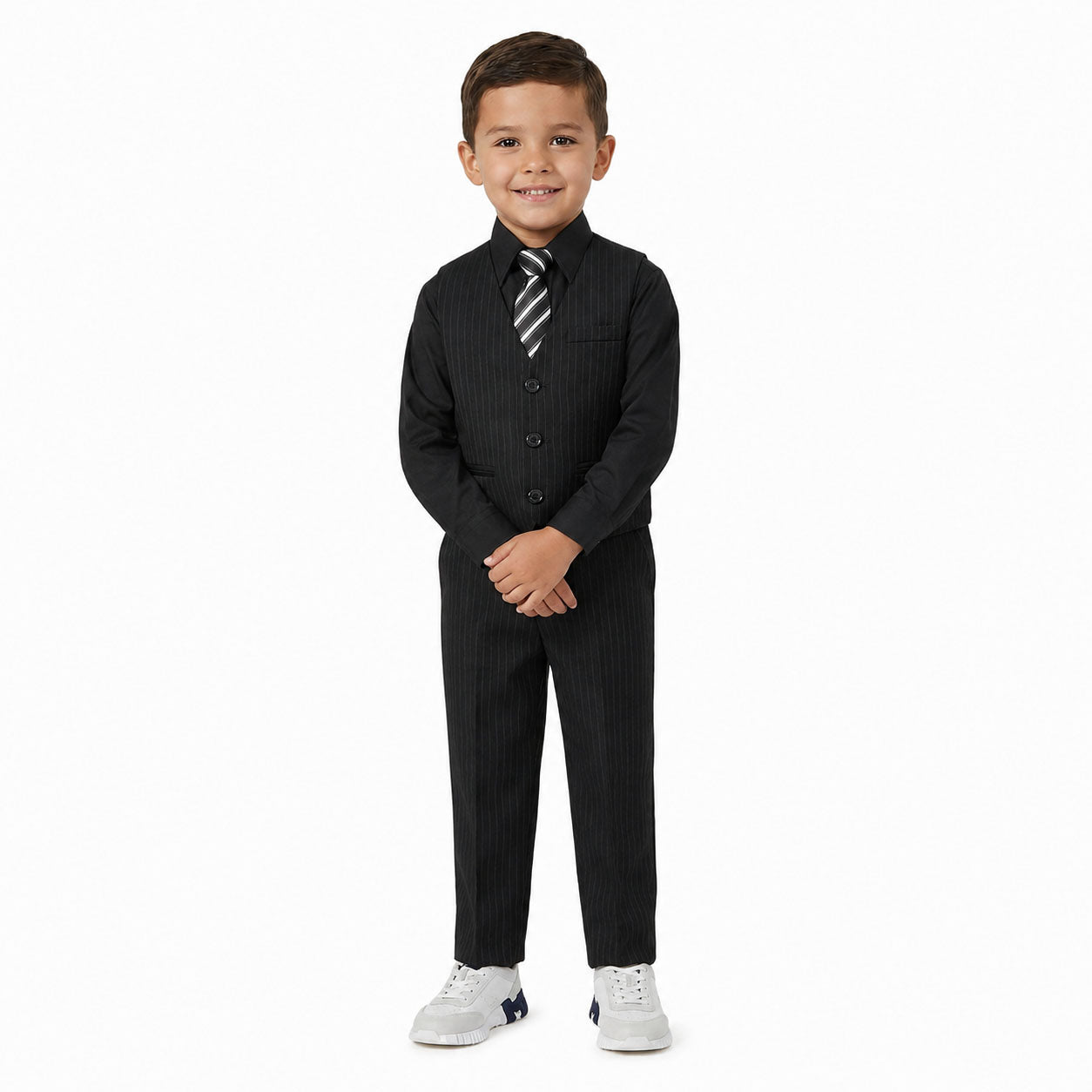 Johnnie Lene Boys 5-Piece Pinstripe Formal Vest Set with Dress Shirt, Pants, Necktie & Bow Tie, Available in 24 Colors - Black/Black