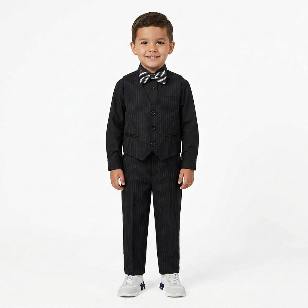 Johnnie Lene Boys 5-Piece Pinstripe Formal Vest Set with Dress Shirt, Pants, Necktie & Bow Tie, Available in 24 Colors