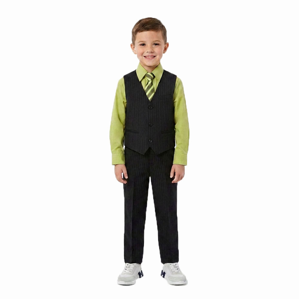 Johnnie Lene Boys 5-Piece Pinstripe Formal Vest Set with Dress Shirt, Pants, Necktie & Bow Tie, Available in 24 Colors - Black/Green