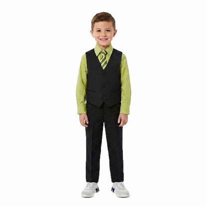 Johnnie Lene Boys 5-Piece Pinstripe Formal Vest Set with Dress Shirt, Pants, Necktie & Bow Tie, Available in 24 Colors - Black/Green