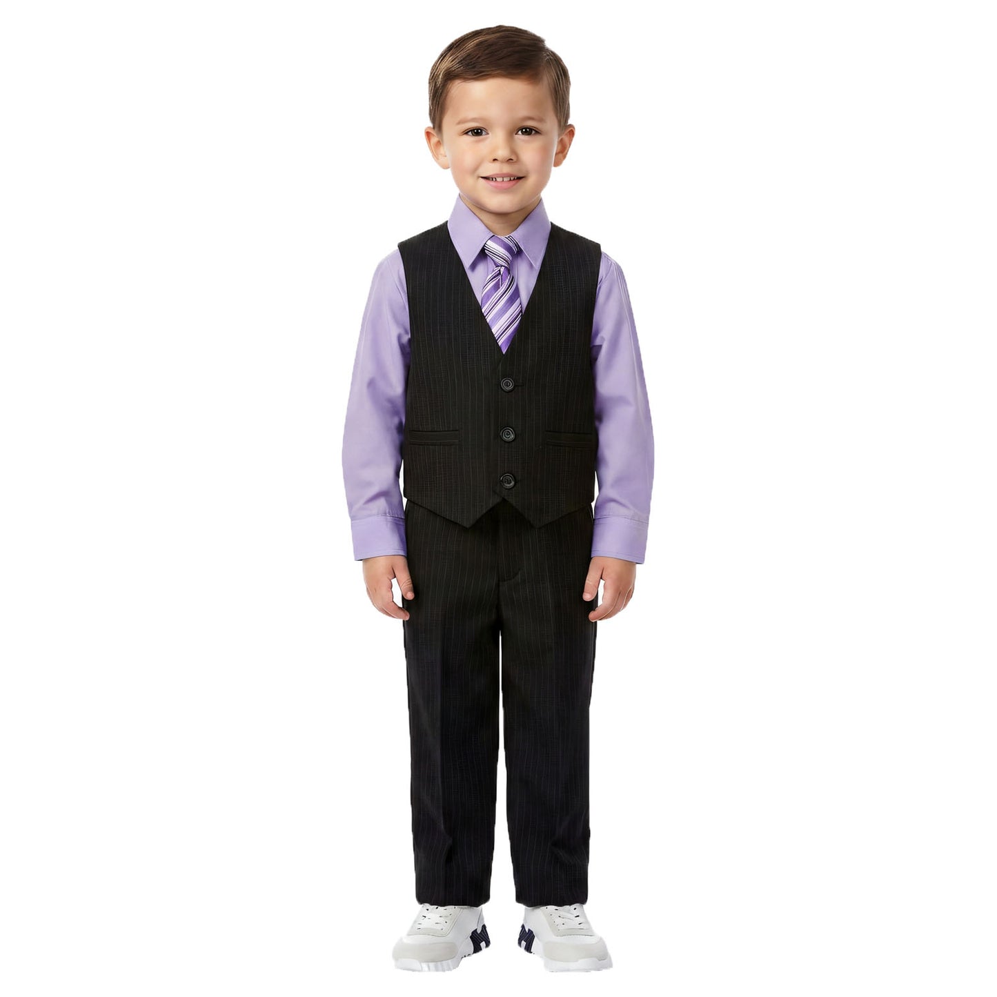 Johnnie Lene Boys 5-Piece Pinstripe Formal Vest Set with Dress Shirt, Pants, Necktie & Bow Tie, Available in 24 Colors - Black/Lilac