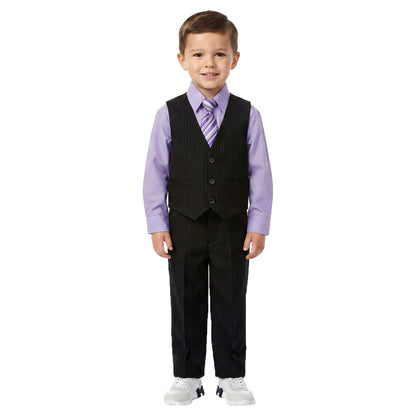 Johnnie Lene Boys 5-Piece Pinstripe Formal Vest Set with Dress Shirt, Pants, Necktie & Bow Tie, Available in 24 Colors - Black/Lilac