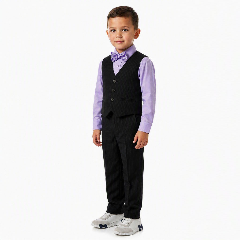 Johnnie Lene Boys 5-Piece Pinstripe Formal Vest Set with Dress Shirt, Pants, Necktie & Bow Tie, Available in 24 Colors
