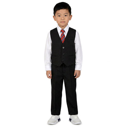 Johnnie Lene Boys 5-Piece Pinstripe Formal Vest Set with Dress Shirt, Pants, Necktie & Bow Tie, Available in 24 Colors - Black/White