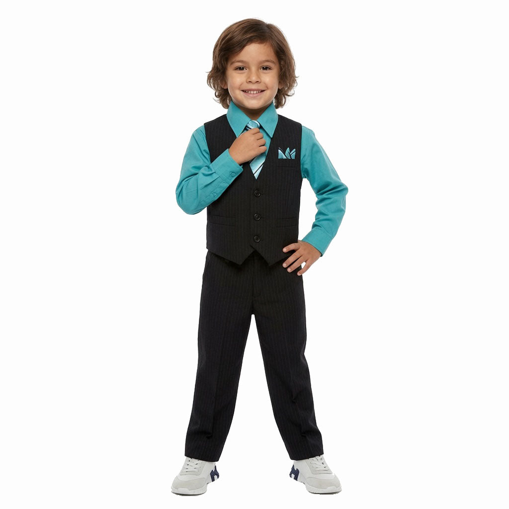 Johnnie Lene Boys 5-Piece Pinstripe Formal Vest Set with Dress Shirt, Pants, Necktie & Bow Tie, Available in 24 Colors - Black/Dark Hawaiian
