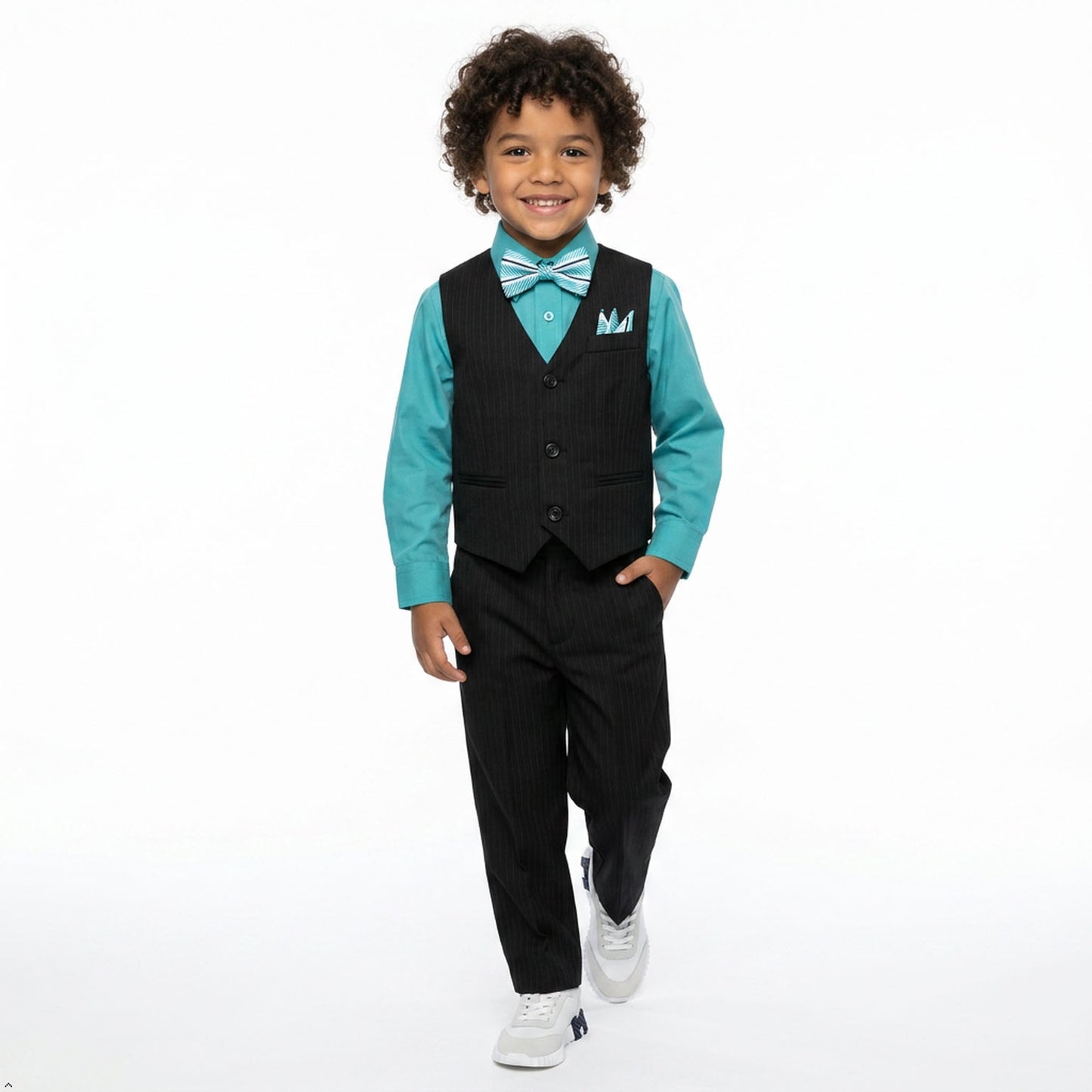 Johnnie Lene Boys 5-Piece Pinstripe Formal Vest Set with Dress Shirt, Pants, Necktie & Bow Tie, Available in 24 Colors