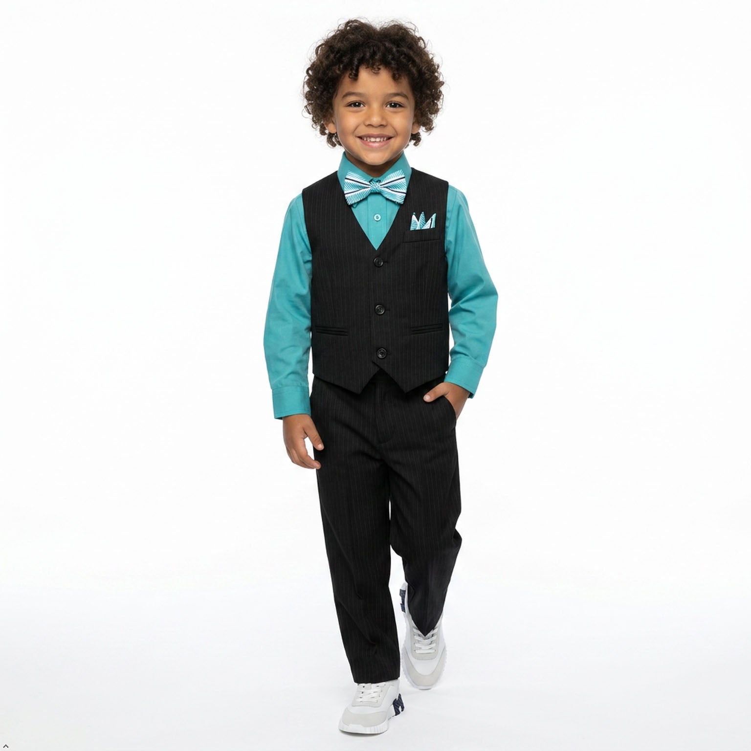 Johnnie Lene Boys 5-Piece Pinstripe Formal Vest Set with Dress Shirt, Pants, Necktie & Bow Tie, Available in 24 Colors