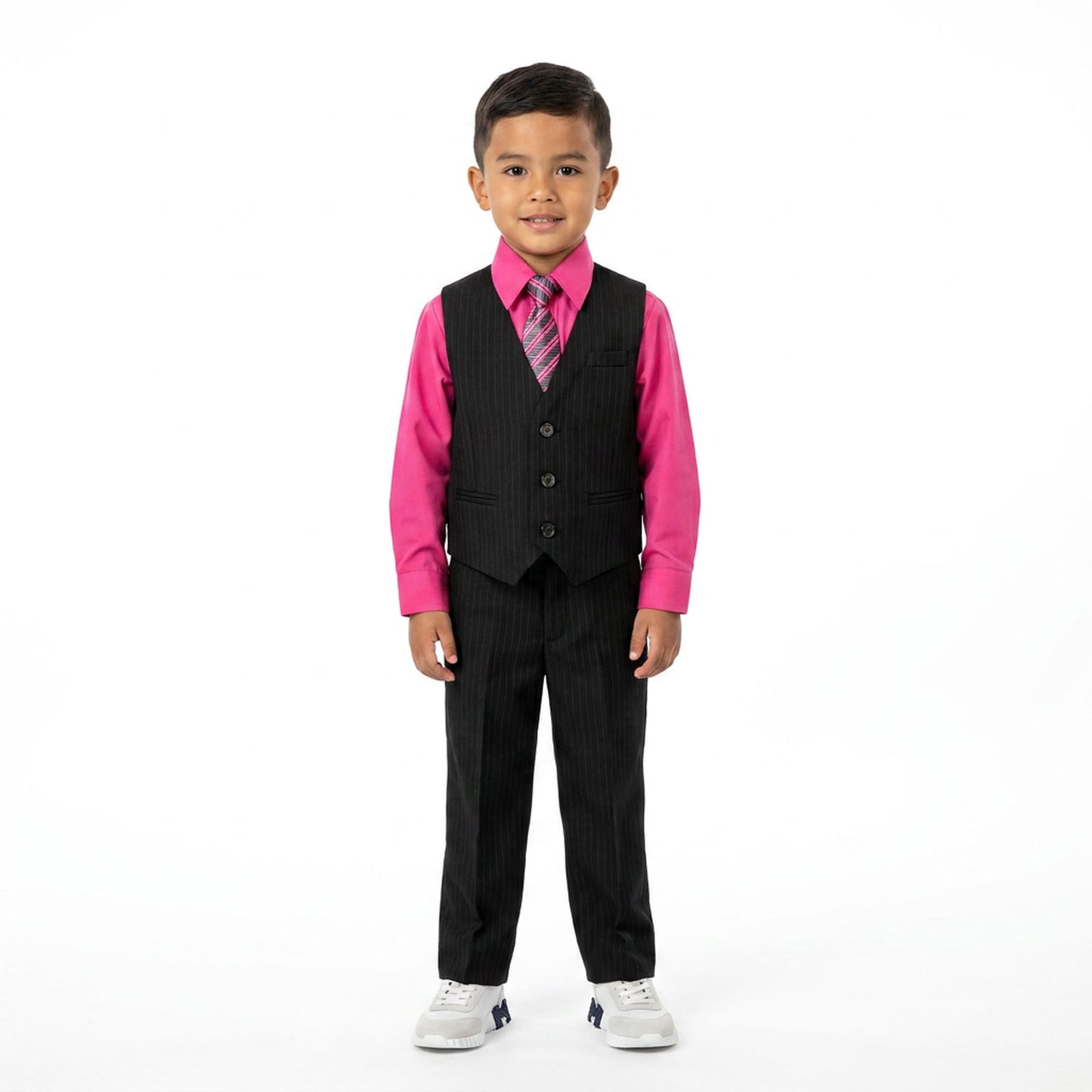 Johnnie Lene Boys 5-Piece Pinstripe Formal Vest Set with Dress Shirt, Pants, Necktie & Bow Tie, Available in 24 Colors - Black/Fuchsia