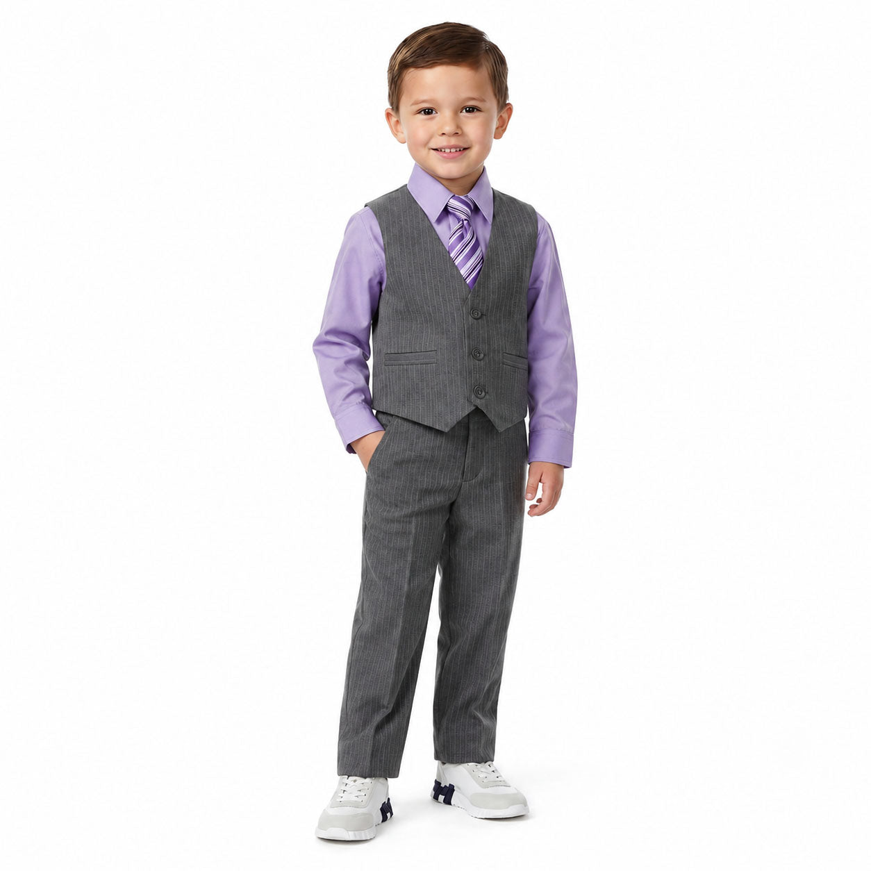 Johnnie Lene Boys 5-Piece Pinstripe Formal Vest Set - Gray Collection image 14
