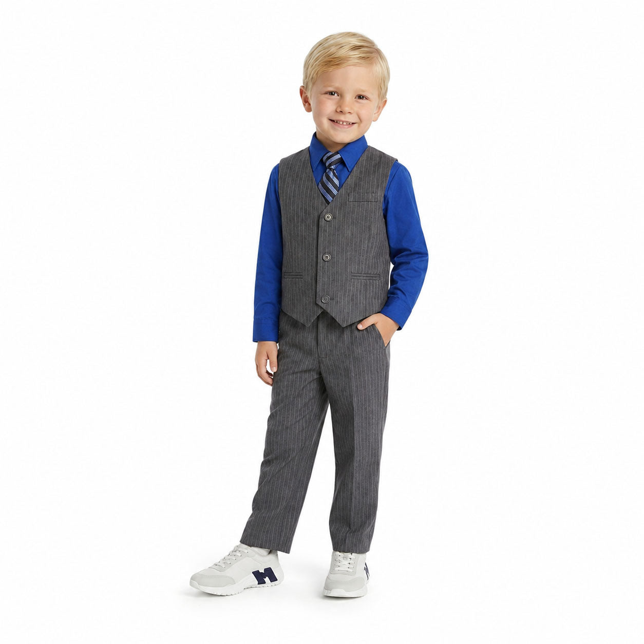 Johnnie Lene Boys 5-Piece Pinstripe Formal Vest Set - Gray Collection image 1