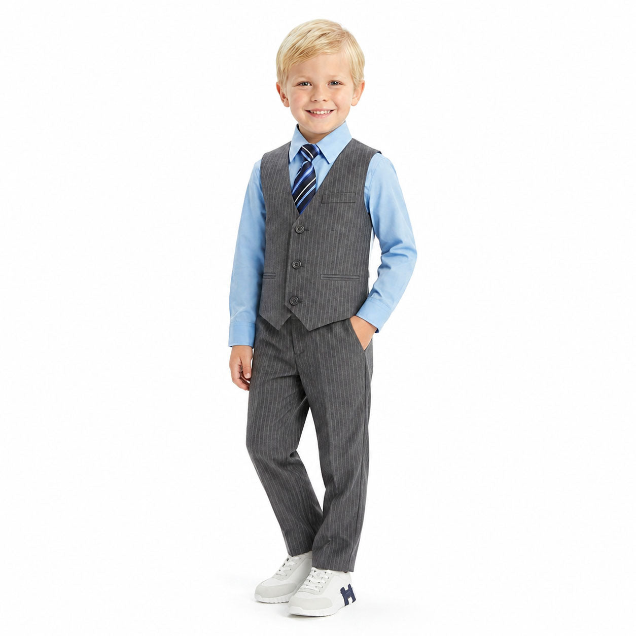 Johnnie Lene Boys 5-Piece Pinstripe Formal Vest Set - Gray Collection image 10