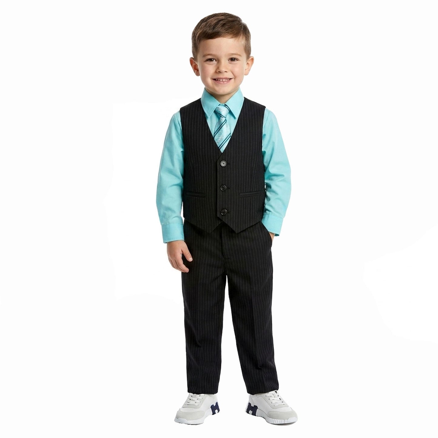 Johnnie Lene Boys 5-Piece Pinstripe Formal Vest Set with Dress Shirt, Pants, Necktie & Bow Tie, Available in 24 Colors - Black/Hawaiian