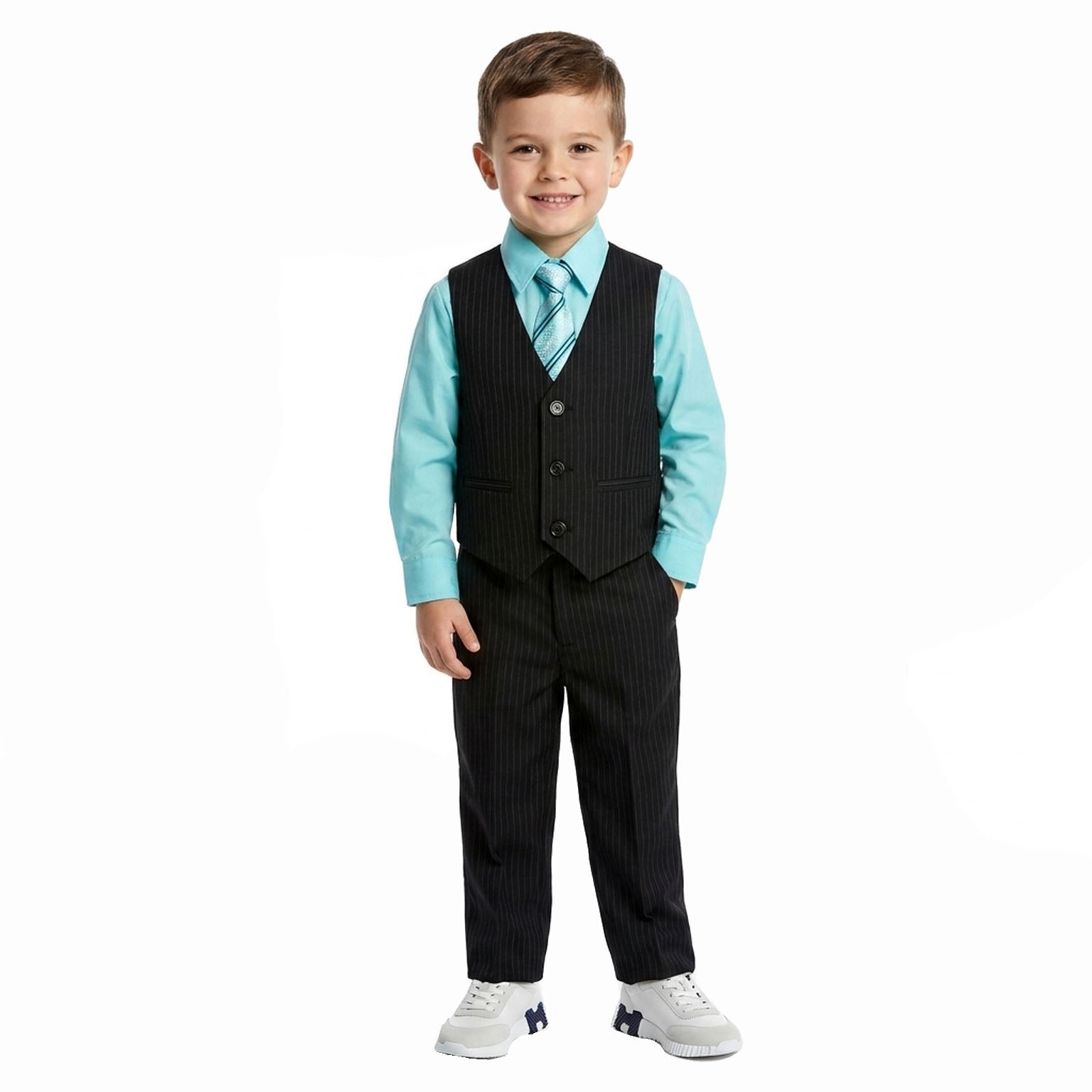 Johnnie Lene Boys 5-Piece Pinstripe Formal Vest Set with Dress Shirt, Pants, Necktie & Bow Tie, Available in 24 Colors - Black/Hawaiian