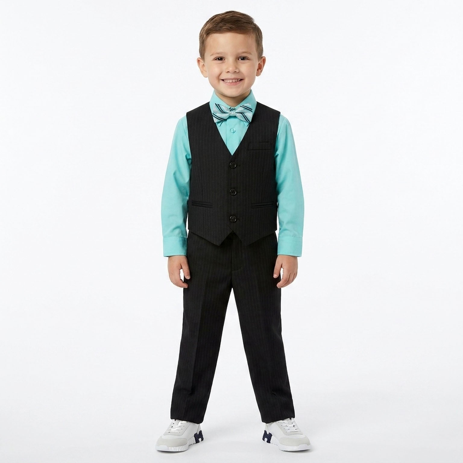 Johnnie Lene Boys 5-Piece Pinstripe Formal Vest Set with Dress Shirt, Pants, Necktie & Bow Tie, Available in 24 Colors