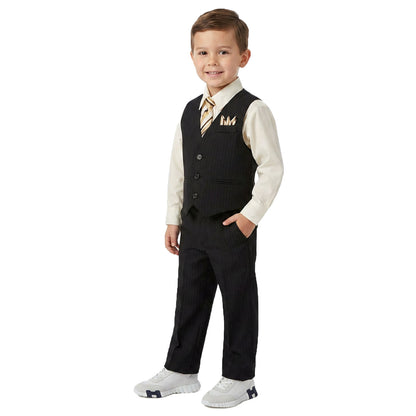 Johnnie Lene Boys 5-Piece Pinstripe Formal Vest Set with Dress Shirt, Pants, Necktie & Bow Tie, Available in 24 Colors - Black/Ivory