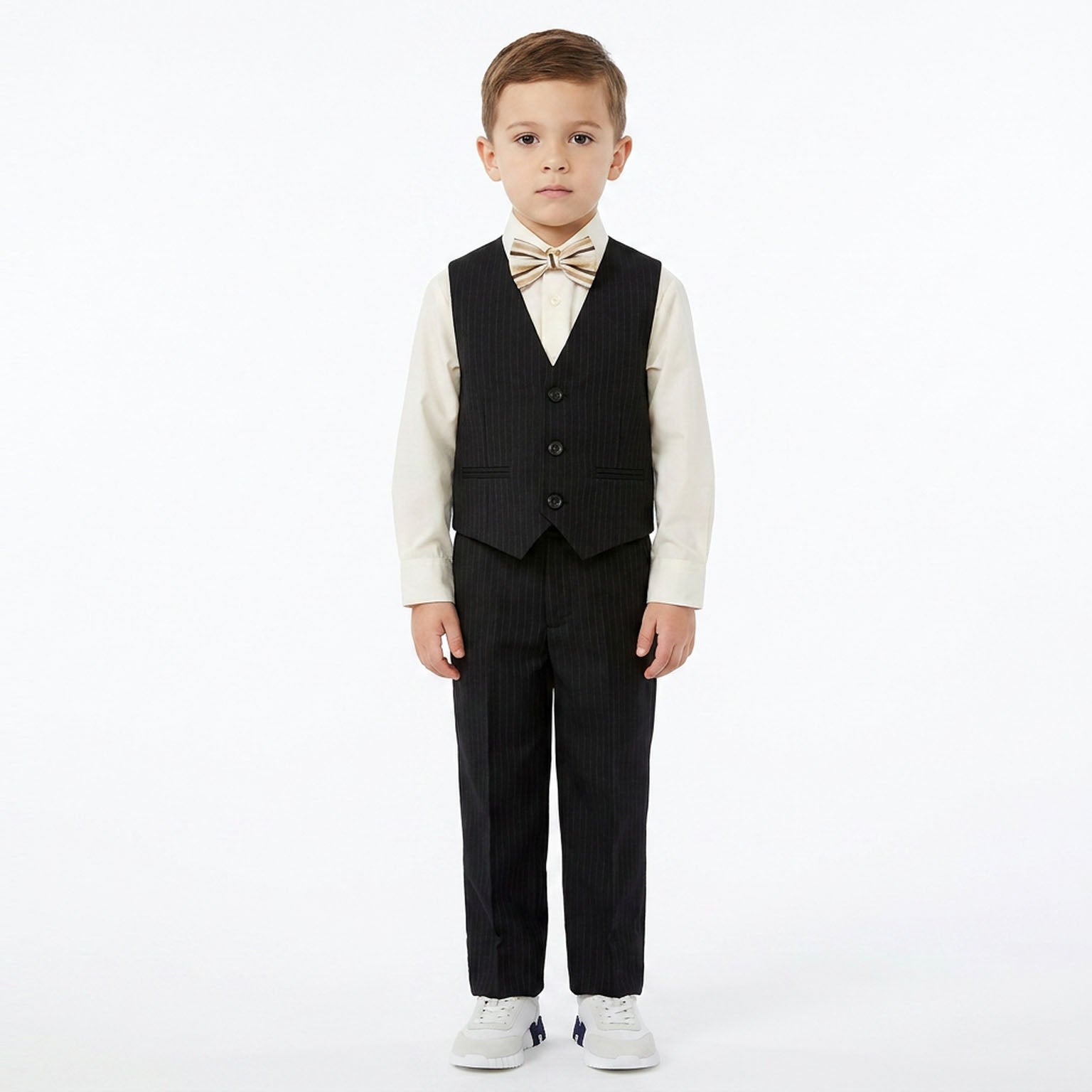 Johnnie Lene Boys 5-Piece Pinstripe Formal Vest Set with Dress Shirt, Pants, Necktie & Bow Tie, Available in 24 Colors