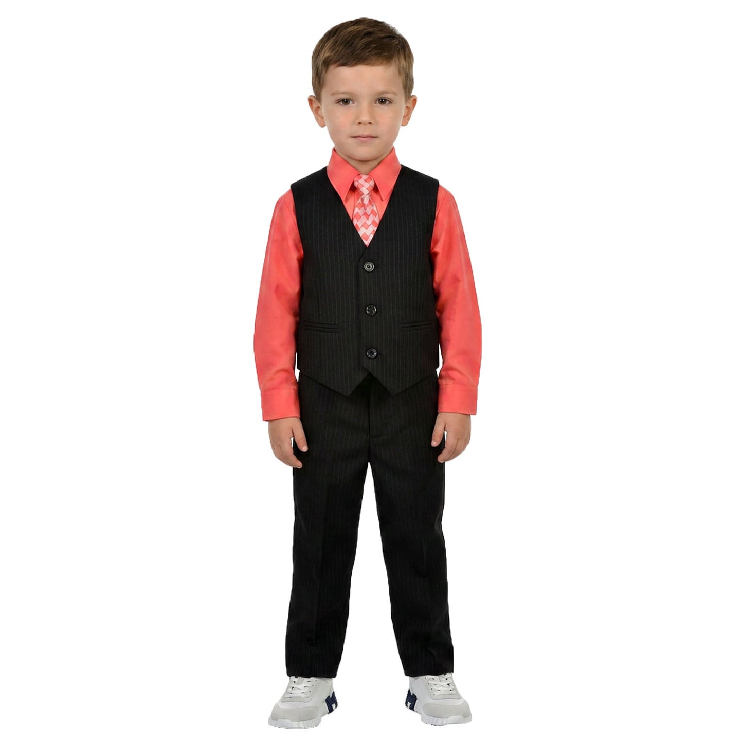 Johnnie Lene Boys 5-Piece Pinstripe Formal Vest Set with Dress Shirt, Pants, Necktie & Bow Tie, Available in 24 Colors - Black/Melon